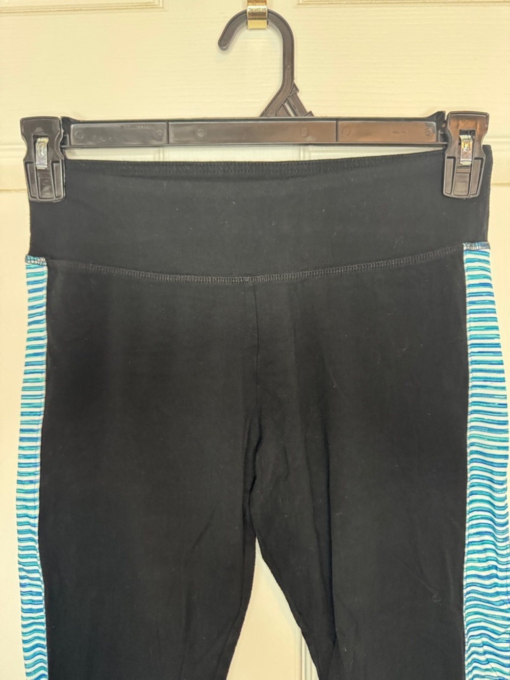 EUC SO Black Leggings with Blue Cuffs and Teal-Striped Side Panels - Picture 2 of 5